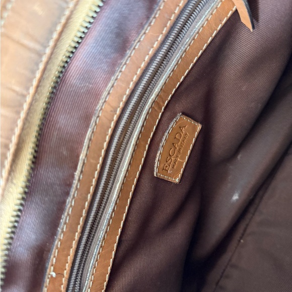 Vintage Escada Handbag Paisley Leather Canvas Purse Brown Red Green Patina - Picture 7 of 8